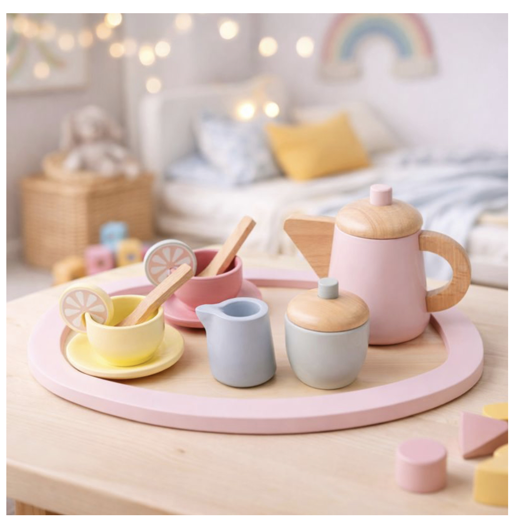 SET DE TÉ MADERA TONO ROSA PASTEL